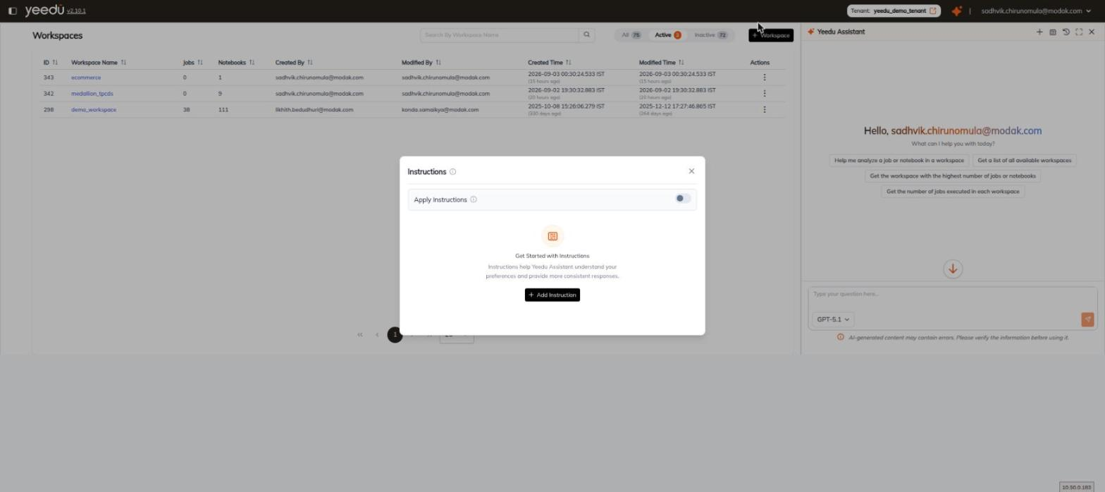 The Instructions modal in its empty state, with the Apply Instructions toggle and the Add Instruction button