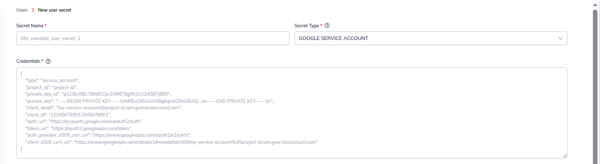 Google Service Account secret form