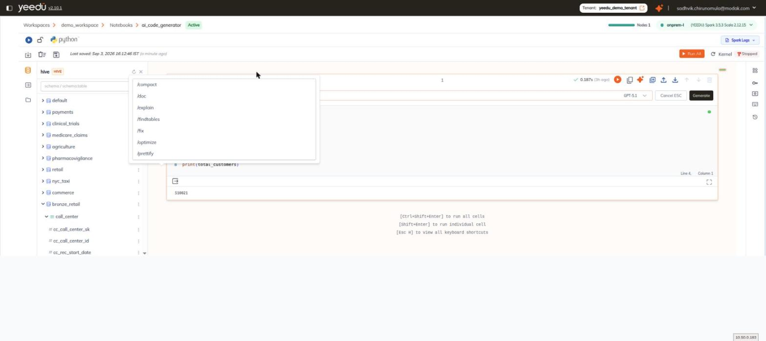 Slash command list in the AI prompt bar