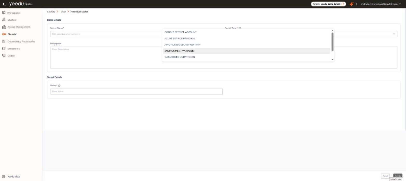 New user secret form with the Secret Type dropdown open, showing the seven available secret types