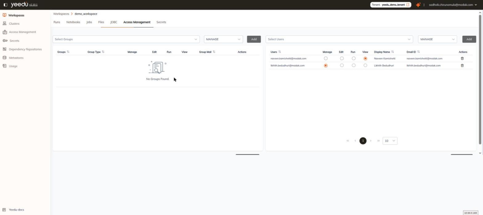 Workspace Access Management tab with the Groups panel on the left and the Users panel on the right